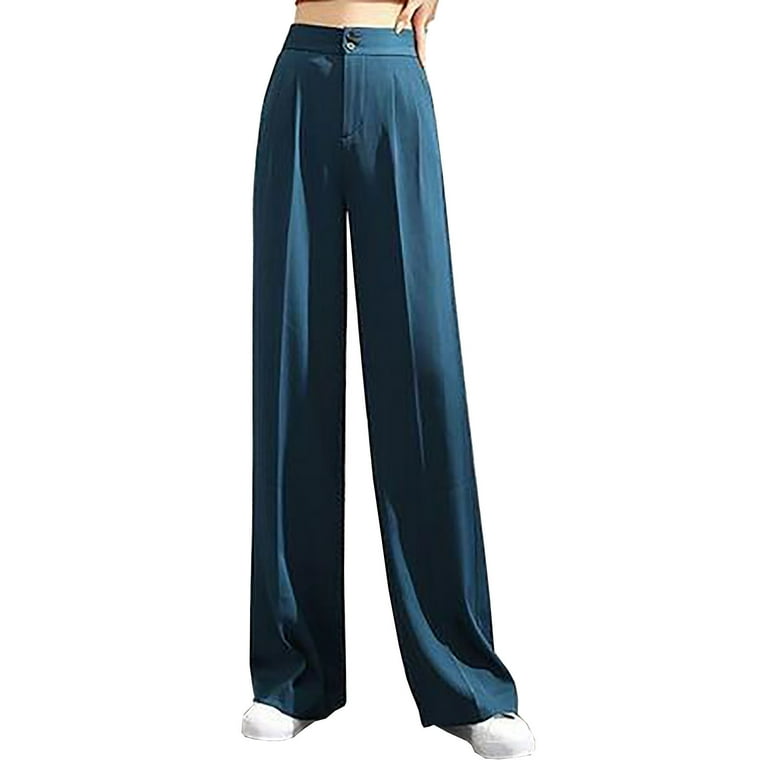 Hfyihgf Women's Casual Wide Leg Pants High Waisted Button Down Straight  Trousers Business Work Long Dress Pants(Dark Blue,XL) 