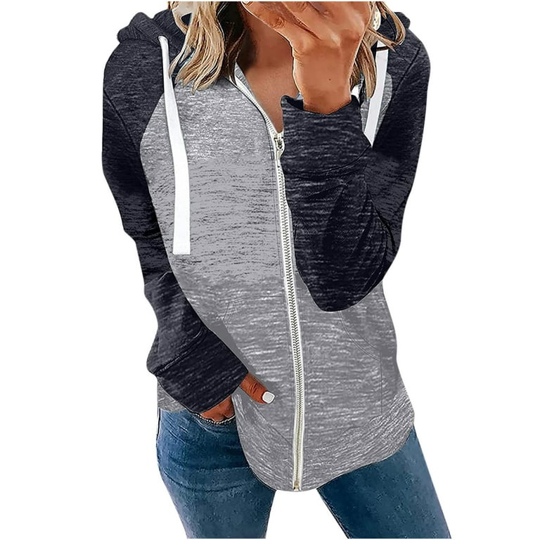 Hfyihgf Women's Casual Zip Up Hoodie Jacket Long Sleeve Color Block  Drawstring Hooded Sweatshirt Coat with Pocket（Gray,XL) - Walmart.com