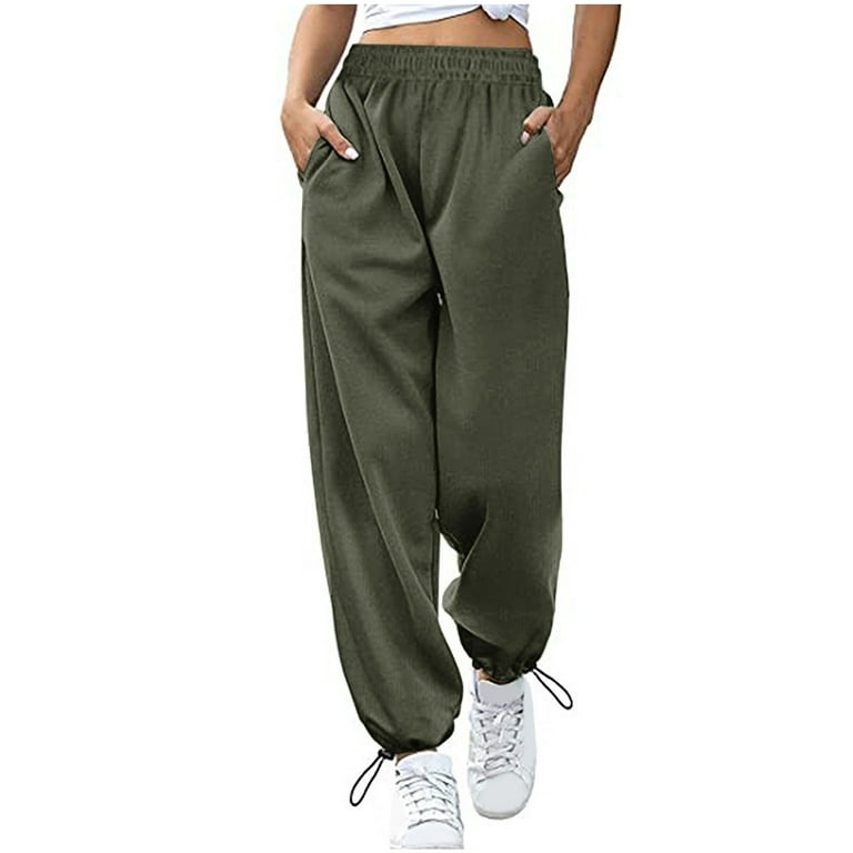 Hfyihgf Women's Cinch-Bottom Sweatpants Pockets Elastic High Waist Sporty  Gym Athletic Fit Jogger Pants Lounge Trousers(Army Green,M) 