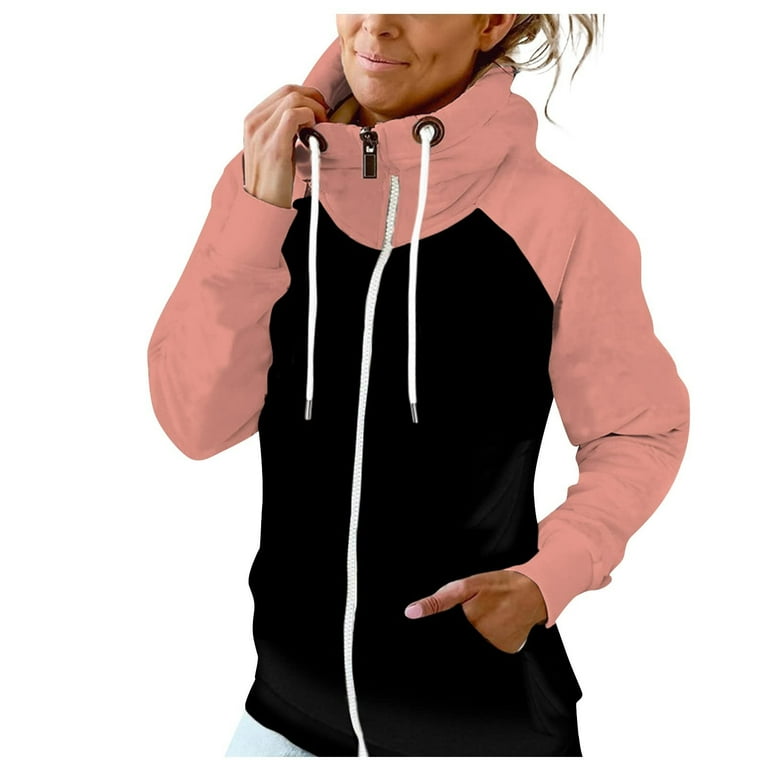 Hfyihgf Women s Cowl Neck Hoodie Thermal Full Zip Long Sleeve Drawstring Hooded Sweatshirts Color Block Loose Fall Tops with Pockets Pink M Walmart