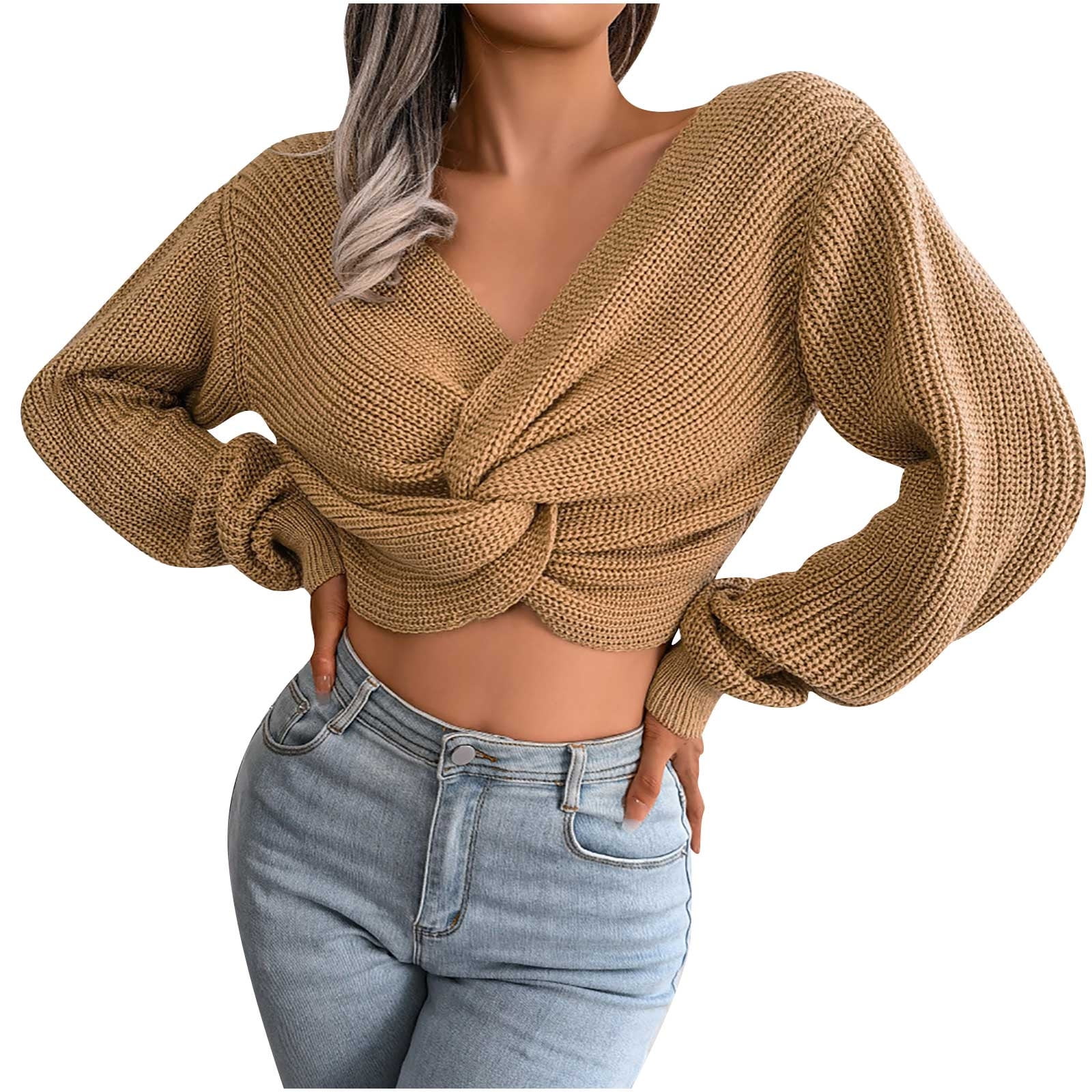 Hfyihgf Women's Criss Cross Cropped Sweaters Long Sleeve V