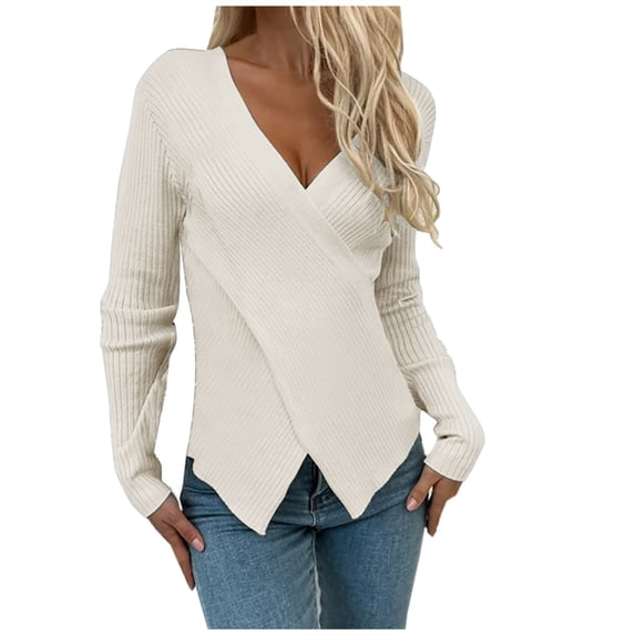 Hfyihgf Women's Criss Cross V-Neck Sweaters Long Sleeve Knit Wrap Front Slim Fit Pullover Tops Beige XL