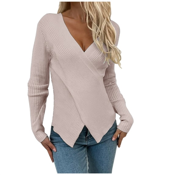 Hfyihgf Women's Criss Cross V-Neck Sweaters Long Sleeve Knit Wrap Front Slim Fit Pullover Tops Khaki XL