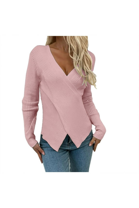 Women's Criss Cross V-Neck Sweaters Long Sleeve Knit Wrap Front Slim Fit Pullover Tops Pink S