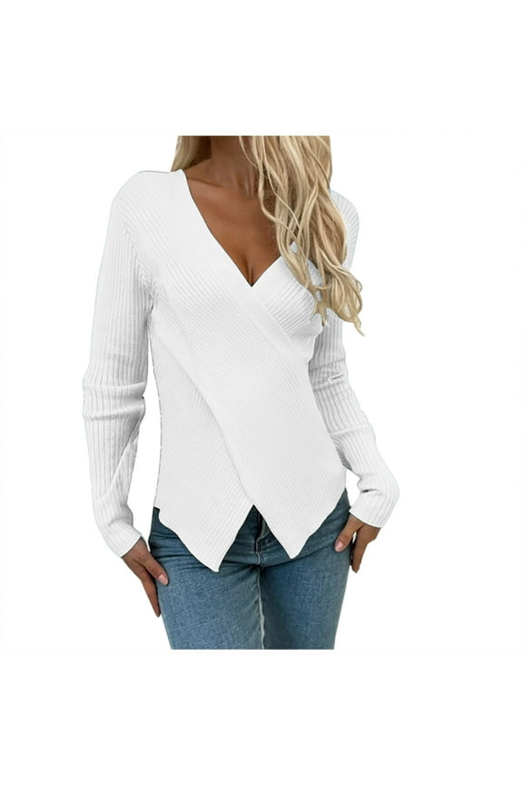 Women's Criss Cross V-Neck Sweaters Long Sleeve Knit Wrap Front Slim Fit Pullover Tops White XL