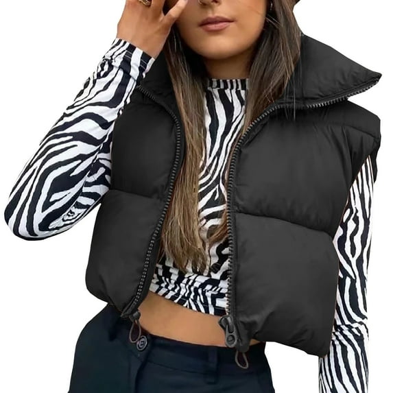 Hfyihgf Women's Cropped Puffer Vest Winter Zip Up Lightweight Sleeveless Warm Outerwear Quilted Padded Coat Collar Down Jacket Vest(Black,S)