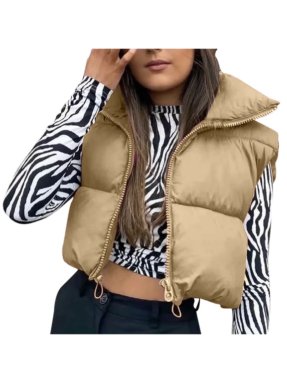 Women's Cropped Puffer Vest Winter Zip Up Lightweight Sleeveless Warm Outerwear Quilted Padded Coat Collar Down Jacket Vest(Khaki,XL)