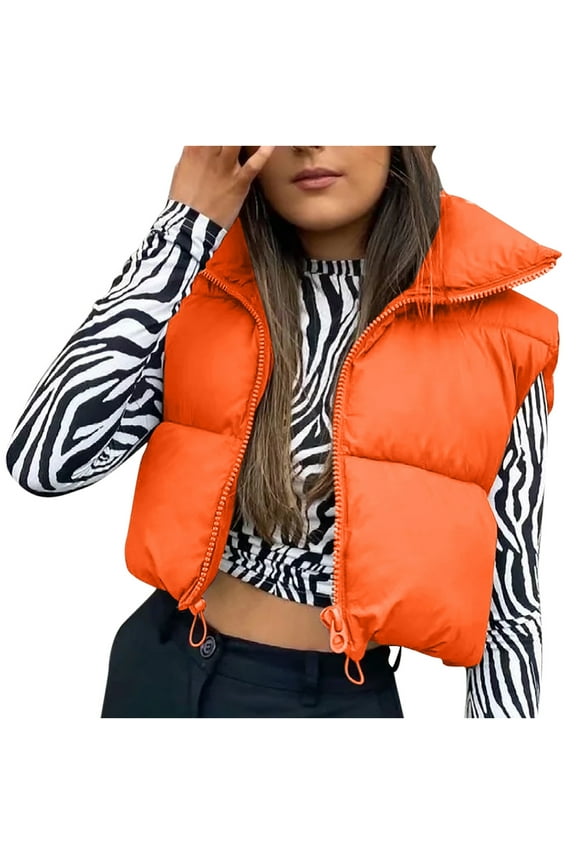 Women's Cropped Puffer Vest Winter Zip Up Lightweight Sleeveless Warm Outerwear Quilted Padded Coat Collar Down Jacket Vest(Orange,XL)