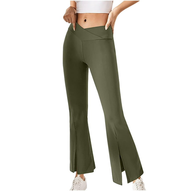 Hfyihgf Women's Crossover High Waisted Bootcut Yoga Pants Flutter Leggings  Front Split Flare Leg Workout Pants Work Pants Dress Pants(Army Green,3XL)  