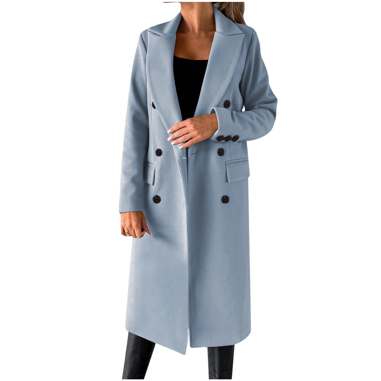 Hfyihgf Women's Double Breasted Trench Coat Classic Notch Collar Long  Sleeve Peacoats Winter Warm Slim Fit Long Woolen Jackets Coat with Pockets 