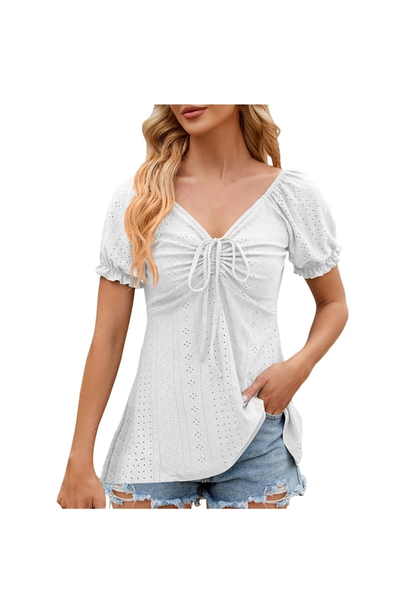 Women's Dressy Casual Blouse Drawstring Sweetheart Neck Puff Short Sleeve Peplum Tees Tops Summer Trendy Eyelet T-Shirts(White,S)