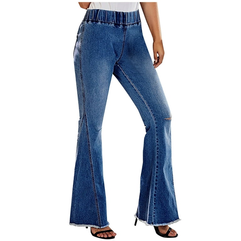 Hfyihgf Women's Elastic Waist Flared Jeans Destroyed Raw Hem Bell Bottom  Jeans Flare Denim Pants(Blue,S) 