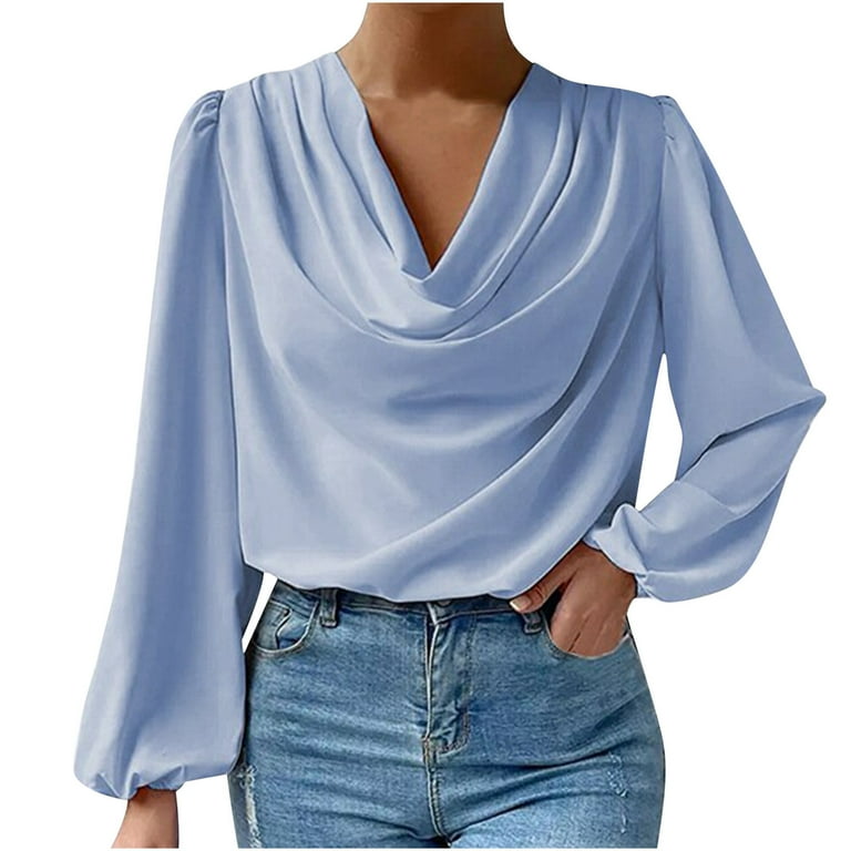 Haze blue Womens Dressy Casual Silk Blouse Long Sleeve Bow
