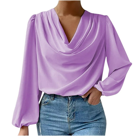 Hfyihgf Women's Elegant Cowl Neck Long Sleeve Blouse Solid Color Draped Front Silk Satin Work Shirt Tops Purple XXL