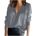 thumbnail image 1 of Hfyihgf Women's Elegant Deep V Neck Blouse Long Sleeve Silk Satin Office Tops Casual Loose Plain Workwear Shirts(z1-Gray,L), 1 of 7
