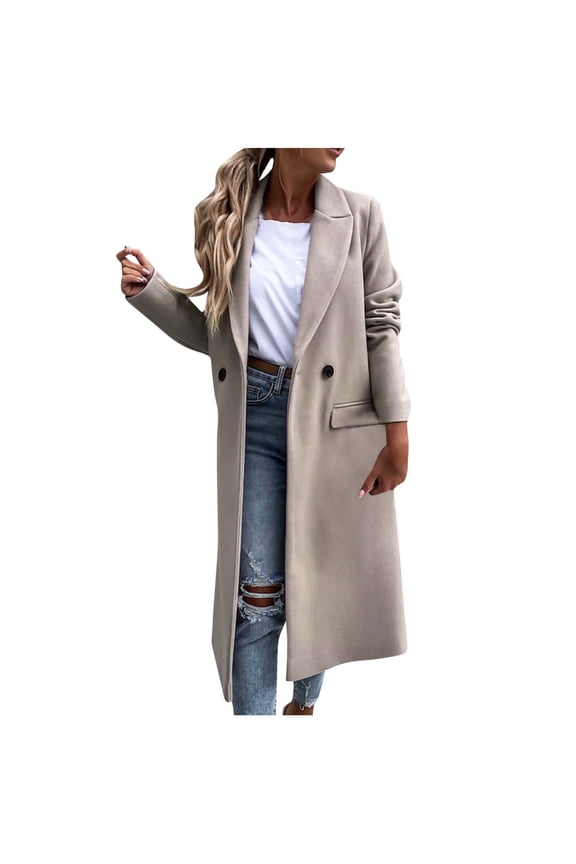 Women's Elegant Trench Coat Notched Lapel Double Breasted Wool Blend Mid Long Peacoat Overcoat Beige XXL