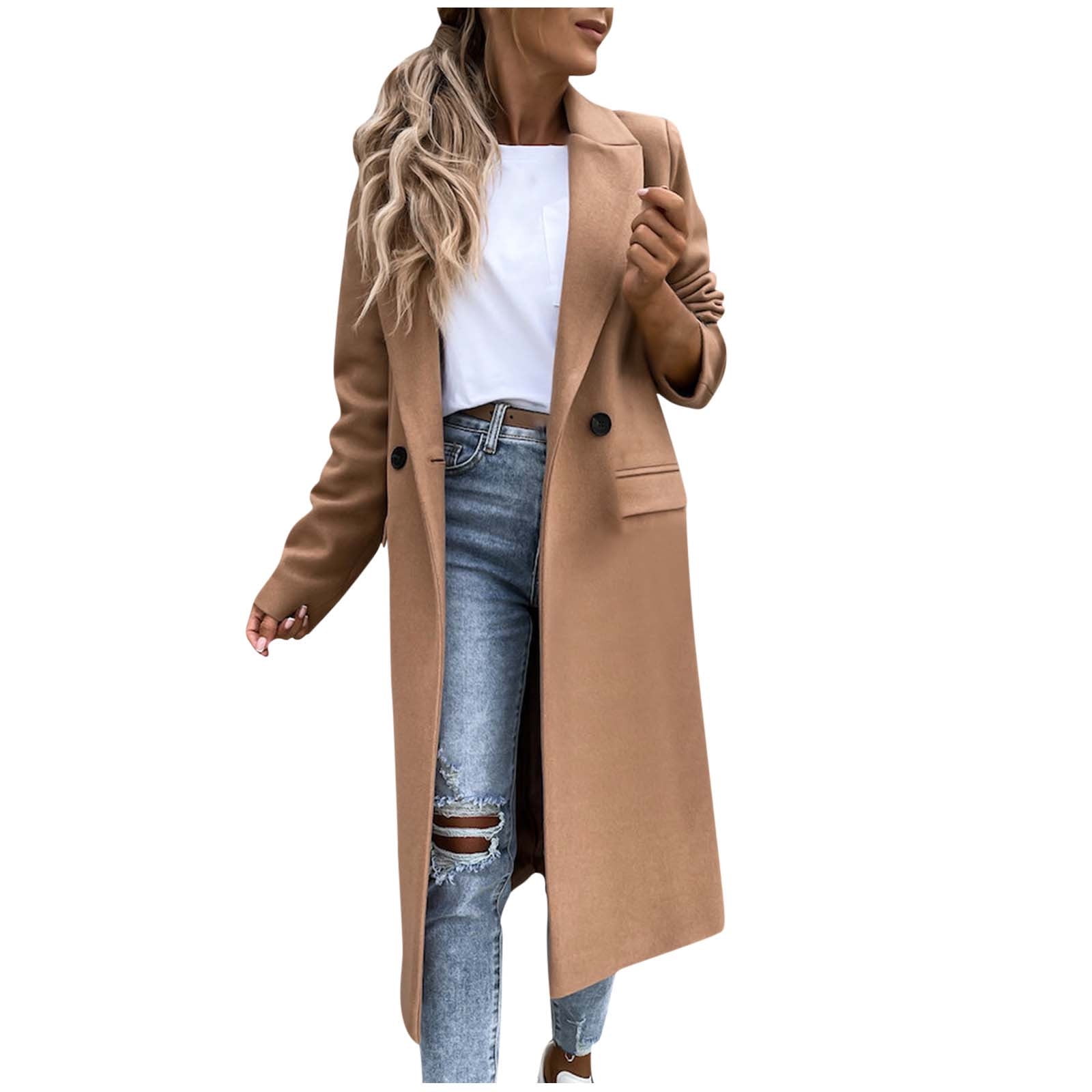 Hfyihgf Women's Elegant Trench Coat Notched Lapel Double Breasted Wool ...