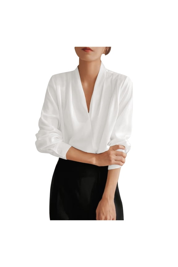 Women's Elegant V Neck Long Sleeve Blouse Wrap Ruffle Loose Casual Drape Business Office Shirts Plain Tunic Tops(White,M)