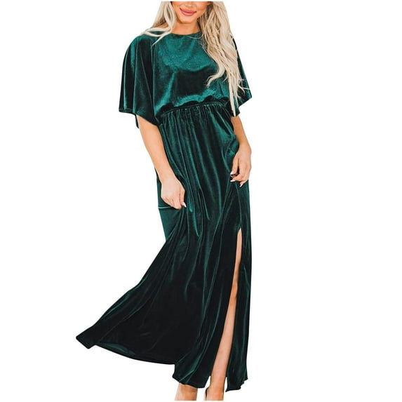 Hfyihgf Women's Elegant Velvet Maxi Dress Crewneck Short Bell Sleeve Formal Cocktail Dresses Elastic Wasit Evening Party Slit Dress(Green,M)