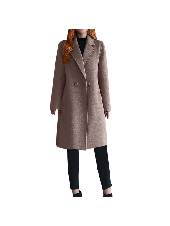 Women's Elegant Winter Wool Dress Coat Classic Notch Collar Double Breasted Pea Coat Long Trench Coat Outwear Coffee M