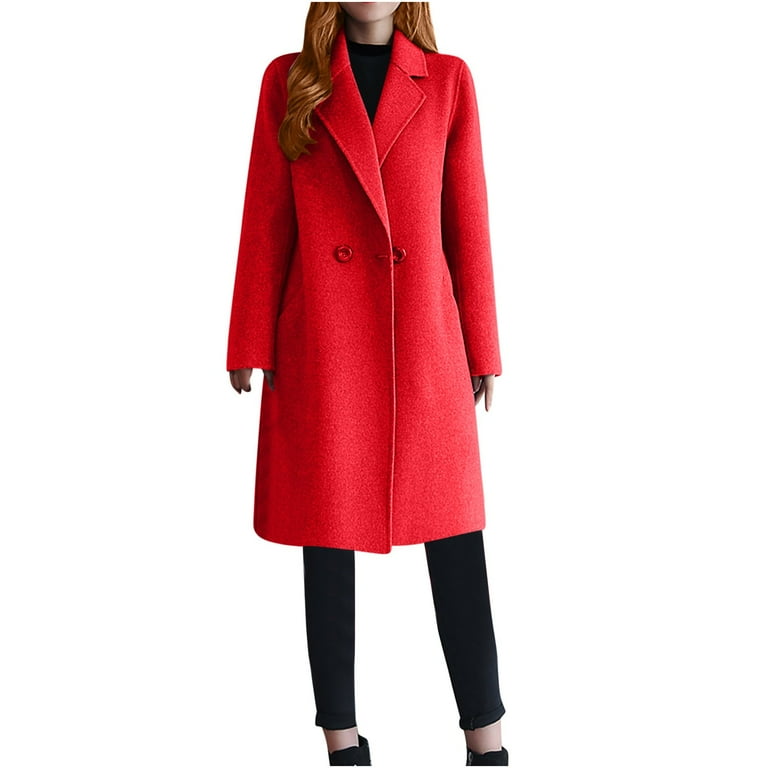 Hfyihgf Women s Elegant Winter Wool Dress Coat Classic Notch Collar Double Breasted Pea Coat Long Trench Coat Outwear Red XXL