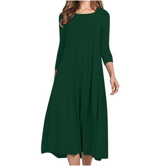 Hfyihgf Women's Fall Casual 3/4 Sleeve Dresses Crewneck Empire Waist Loose A-Line Flare Midi Dress Z1-Army Green XL
