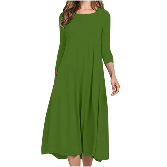 Hfyihgf Women's Fall Casual 3/4 Sleeve Dresses Crewneck Empire Waist Loose A-Line Flare Midi Dress Z1-Grass Green 3XL