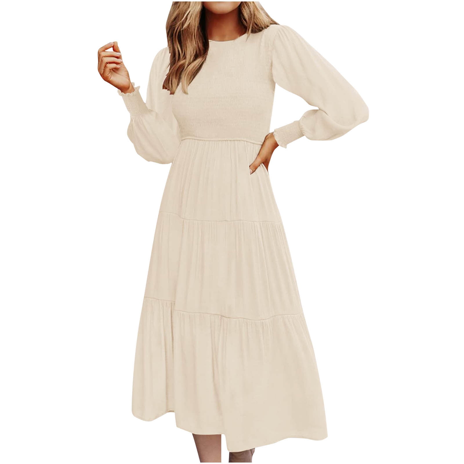 Hfyihgf Women's Fall Dresses Long Sleeve Round Neck Smocked Solid Color  Flowy Pleated Tiered Loose Swing Casual Midi Dress(Beige,M) - Walmart.com