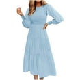 thumbnail image 1 of Hfyihgf Women's Fall Dresses Long Sleeve Round Neck Smocked Solid Color Flowy Pleated Tiered Loose Swing Casual Midi Dress(Light Blue,M), 1 of 6