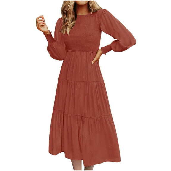 Hfyihgf Women's Fall Dresses Long Sleeve Round Neck Smocked Solid Color Flowy Pleated Tiered Loose Swing Casual Midi Dress(Red,M)