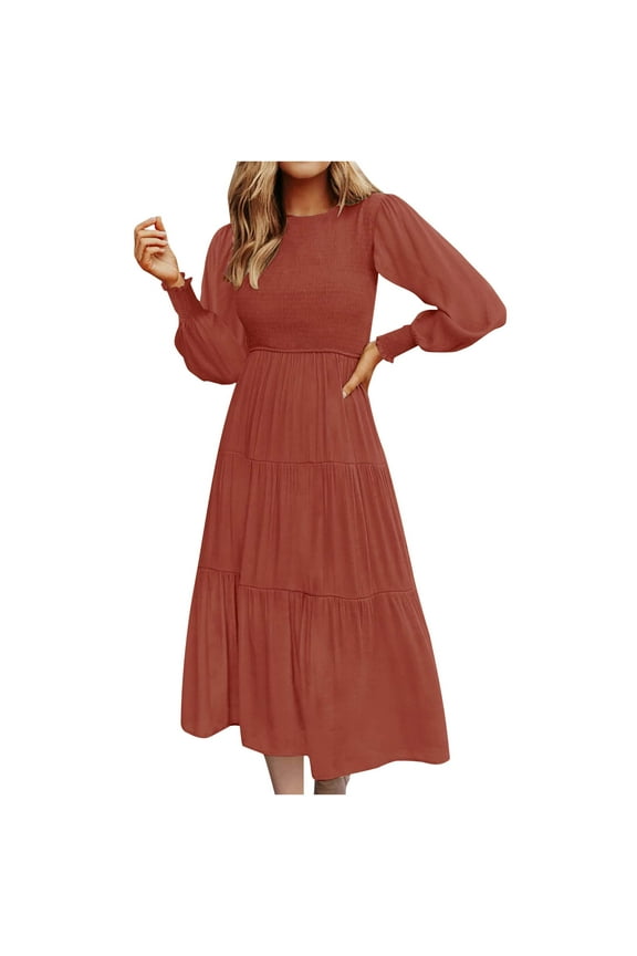 Women's Fall Dresses Long Sleeve Round Neck Smocked Solid Color Flowy Pleated Tiered Loose Swing Casual Midi Dress(Red,M)