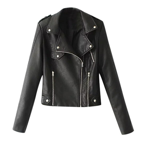 Hfyihgf Women's Fashion Faux Leather Jackets Lightweight Classical Solid Color Long Sleeve Lapel Zip Up Slim Short Biker Coats(Black,L)