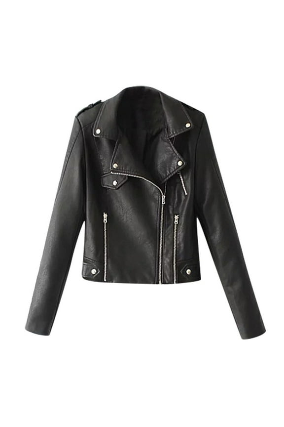 Women's Fashion Faux Leather Jackets Lightweight Classical Solid Color Long Sleeve Lapel Zip Up Slim Short Biker Coats(Black,L)