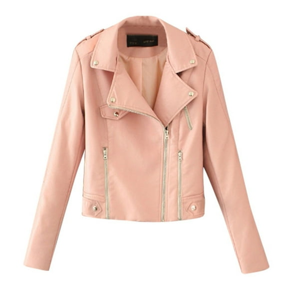 Hfyihgf Women's Fashion Faux Leather Jackets Lightweight Classical Solid Color Long Sleeve Lapel Zip Up Slim Short Biker Coats(Pink,S)