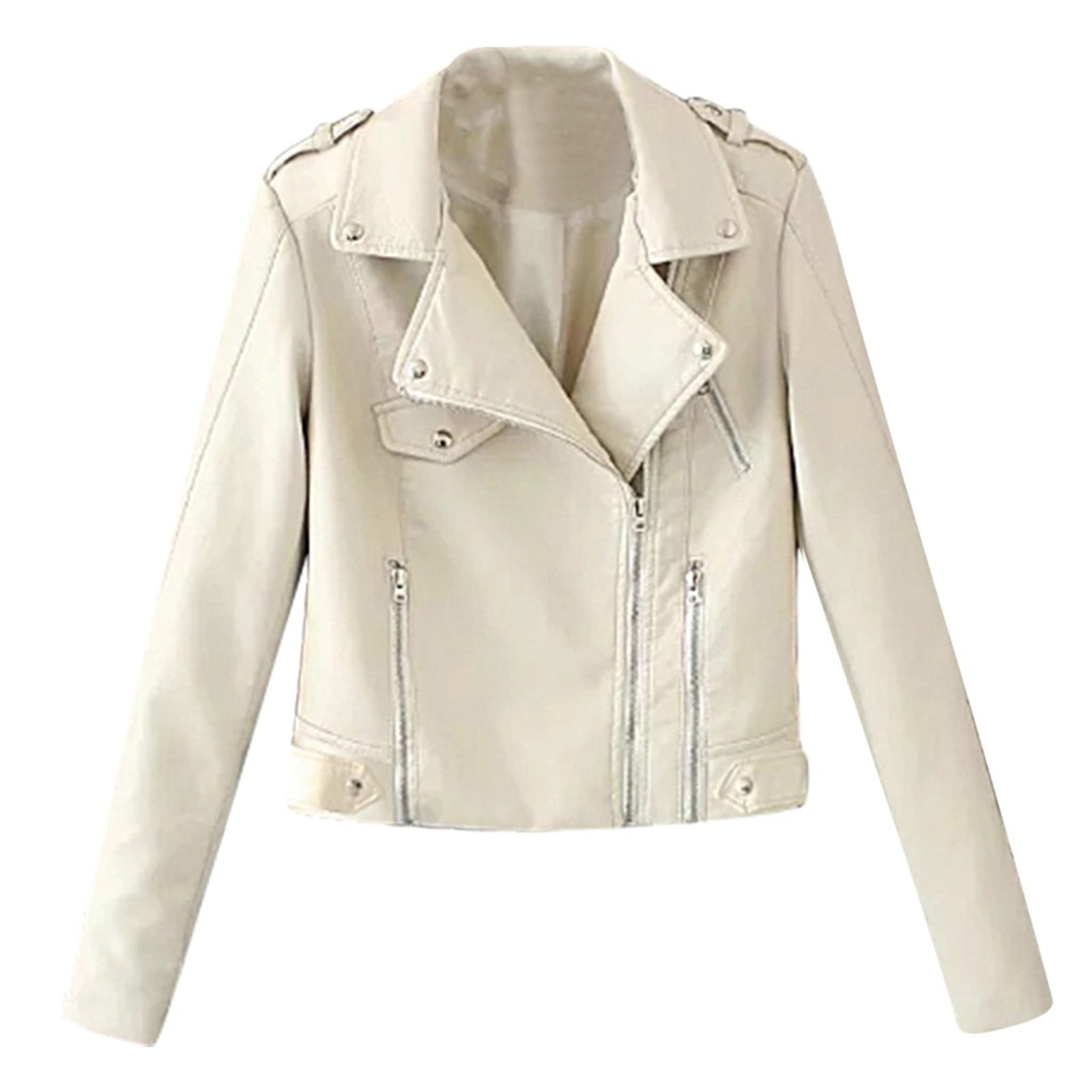 Hfyihgf Women's Fashion Faux Leather Jackets Lightweight Classical Solid Color Long Sleeve Lapel Zip Up Slim Short Biker Coats(White,L), Size: Large