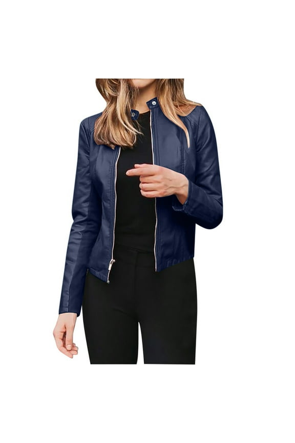 Women's Fashion Faux Leather Jackets Lightweight Solid Color Zip Up Slim Short PU Biker Coat（Navy,M)