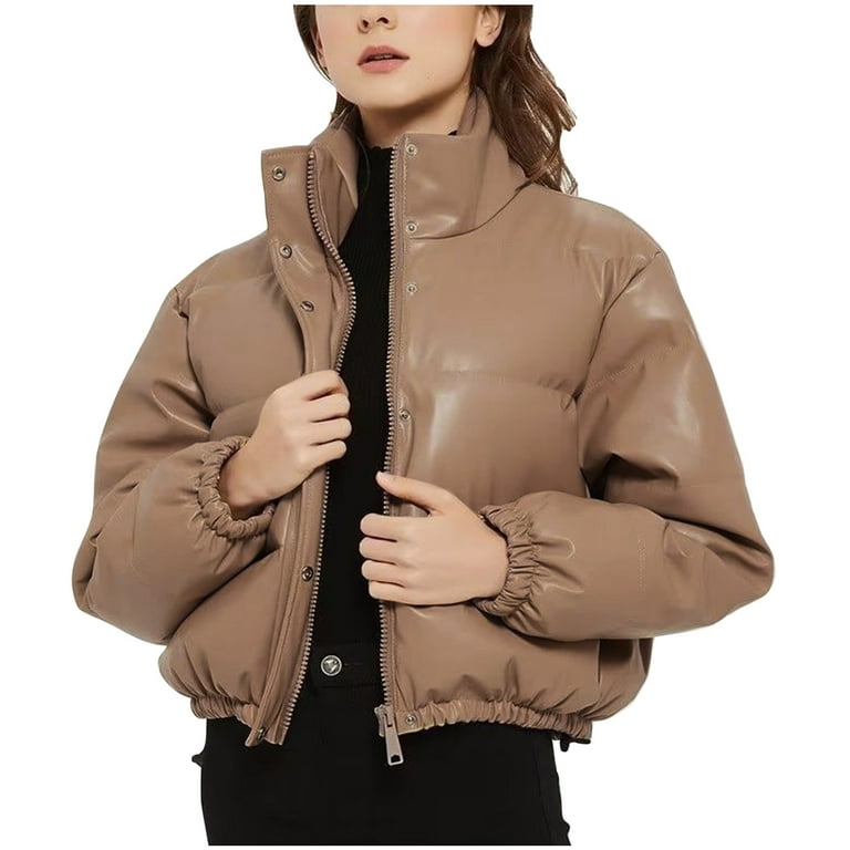 Hfyihgf Women's Faux Leather Puffer Jacket Zip up Padded
