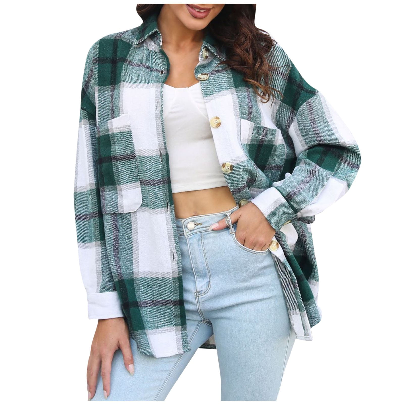 Hfyihgf Women's Flannel Plaid Jacket Long Sleeve Button Down Chest Pocketed  Shirts Coats Shacket Green M