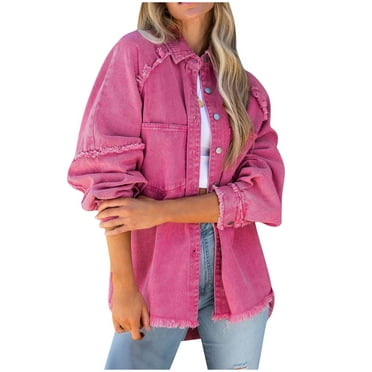 Hfyihgf Women's Frayed Denim Jacket Casual Long Sleeve Button Up Boyfriend Jean Coat Basic Trucker Jackets Pink XL