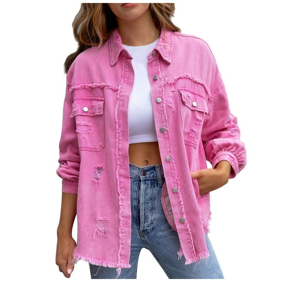 Hfyihgf Women's Frayed Denim Jacket Casual Long Sleeve Button Up Boyfriend Jean Coat Basic Trucker Jackets Z1#Pink XXL