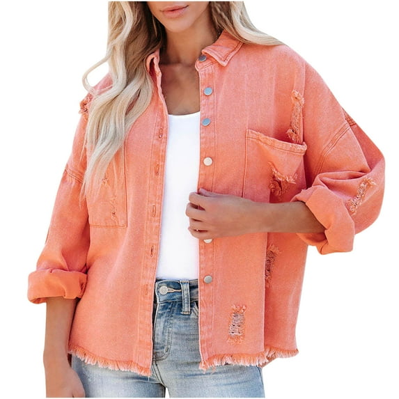 Hfyihgf Women's Frayed Denim Jacket Casual Long Sleeve Button Up Boyfriend Jean Coat Basic Trucker Jackets Z2#Orange M