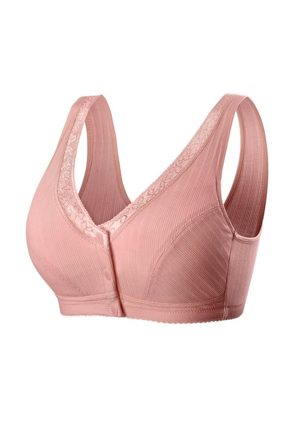 Women's Front Closure Cotton Bra Plus Size Lace Full-Coverage Wirefree Sports Bra Button Snap Closure Comfort Push Up Seamless Sleep Bras Hot Pink 4XL
