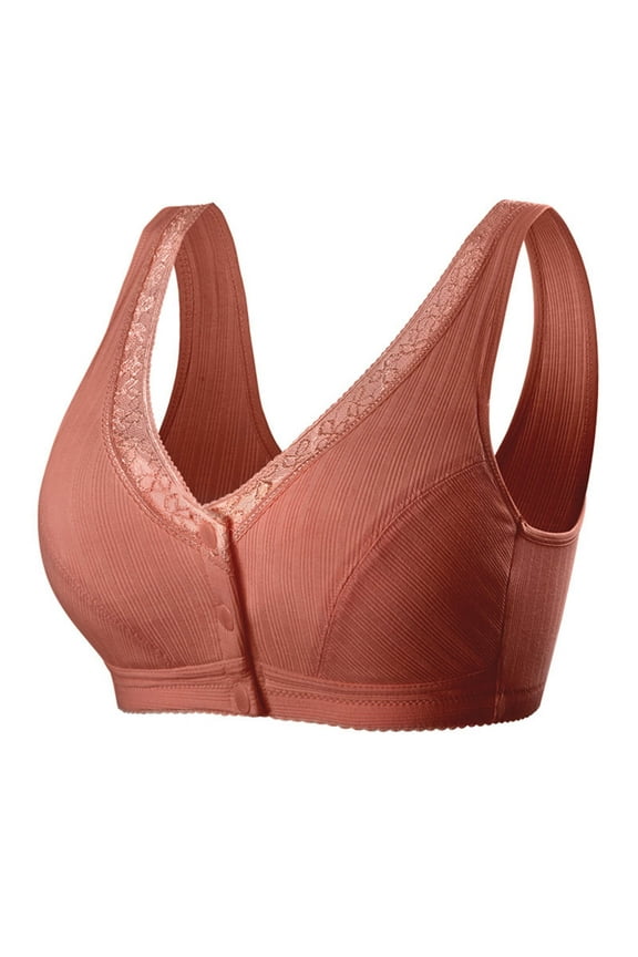 Women's Front Closure Cotton Bra Plus Size Lace Full-Coverage Wirefree Sports Bra Button Snap Closure Comfort Push Up Seamless Sleep Bras Wine XXL