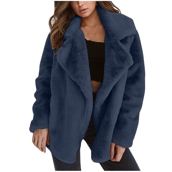 Hfyihgf Women's Fuzzy Fleece Lapel Open Front Cardigan Coat Plush Warm Winter Plus Size Outwear Jackets(Blue,L)