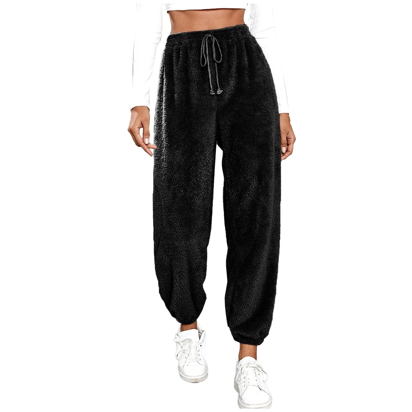 Hfyihgf Women's Fuzzy Fleece Sweatpants Baggy Cinch Bottom Lounge Pants  Drawstring Trendy Casual Athletic Joggers with Pockets(Black,XXL) 
