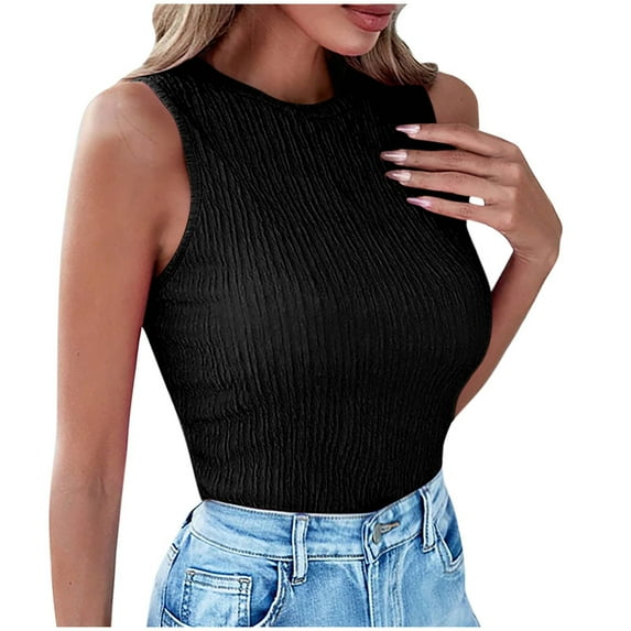 Hfyihgf Women's High Neck Tank Top 2025 Summer Casual Ribbed Camis Blouse Slim Fitted Basic Textured Sleeveless Shirts(Black,L)