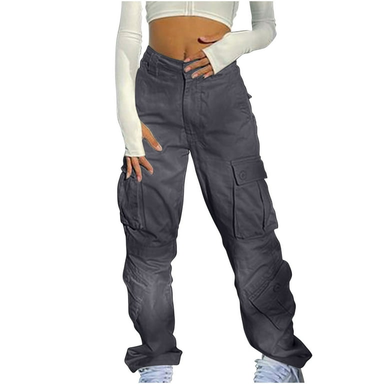 Hfyihgf Women's High Waist Cargo Pants Casual Hippie Punk Streetwear Baggy  Jogger Relaxed Fit Trousers with Multi Pockets(Dark Gray,XL) 
