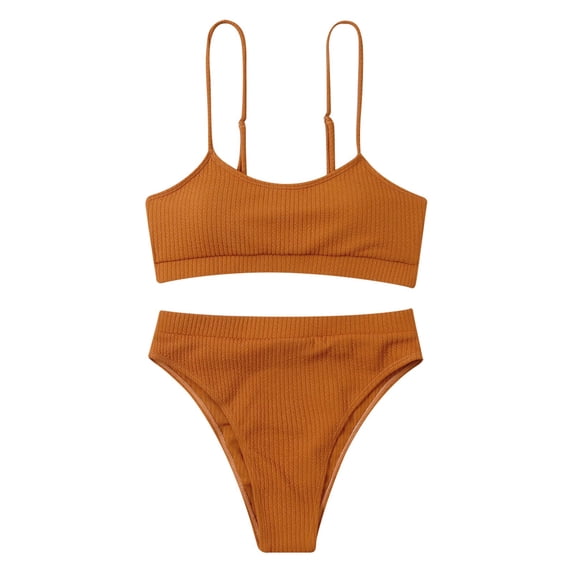 Hfyihgf Women's High Waisted Bikini Ribbed Two Piece Swimsuit High Cut Solid Color Adjustable Spaghetti Straps Bathing Suit(Coffee,XL)