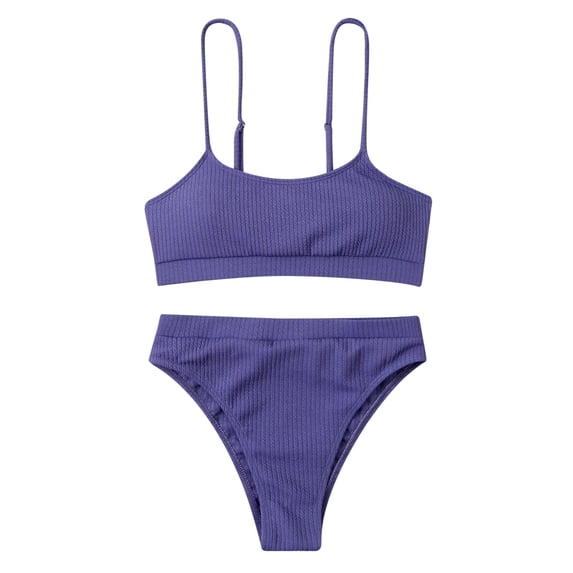 Hfyihgf Women's High Waisted Bikini Ribbed Two Piece Swimsuit High Cut Solid Color Adjustable Spaghetti Straps Bathing Suit(Dark Blue,XL)