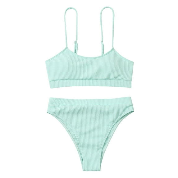 Hfyihgf Women's High Waisted Bikini Ribbed Two Piece Swimsuit High Cut Solid Color Adjustable Spaghetti Straps Bathing Suit(Light Blue,L)